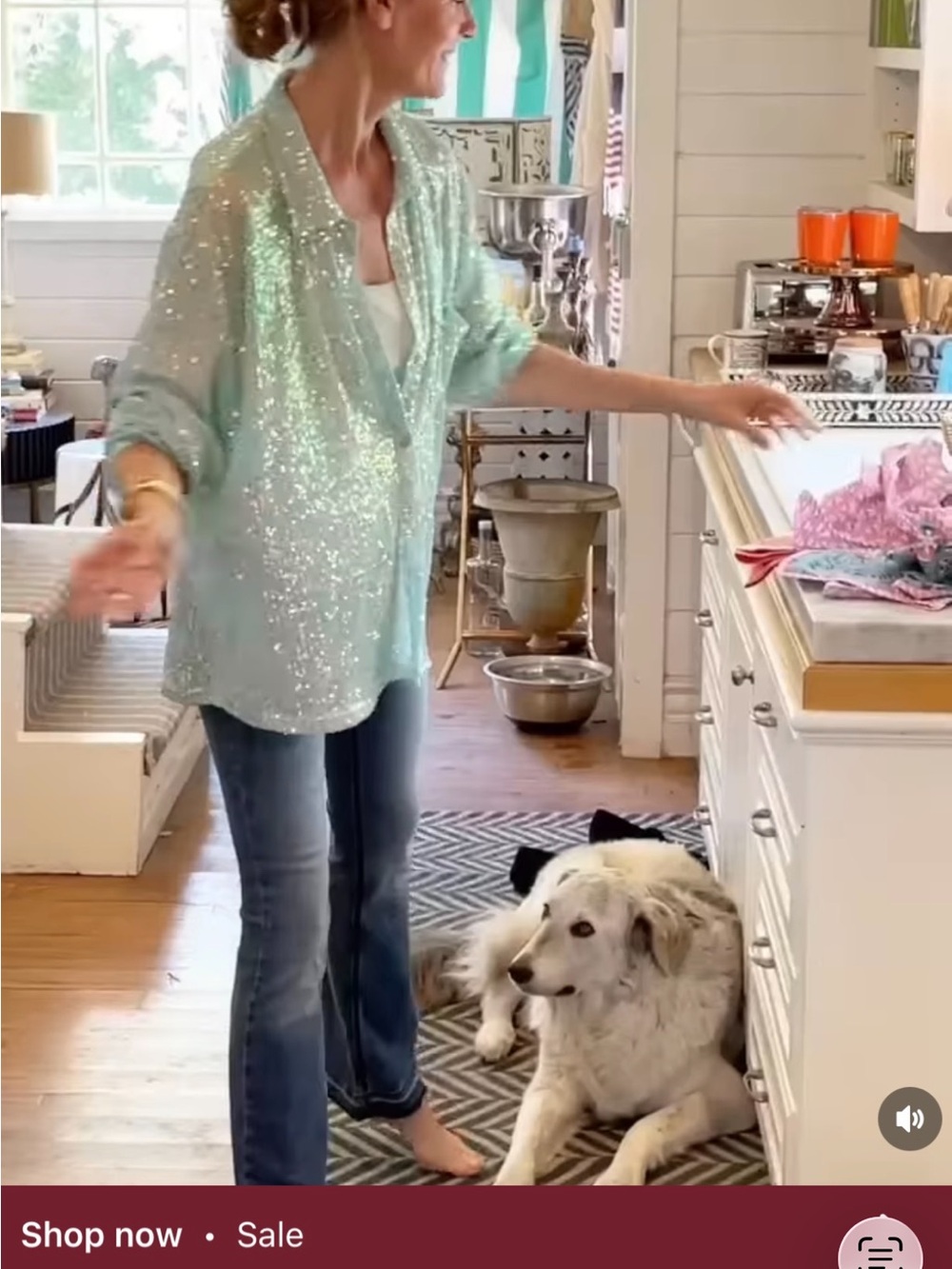 Sequin Button-Front Blouse in Mint
